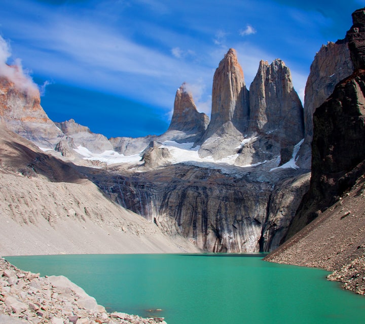 Glacial lake at the base of the towers of Torres del Paine National Park, Chilean Patagonia